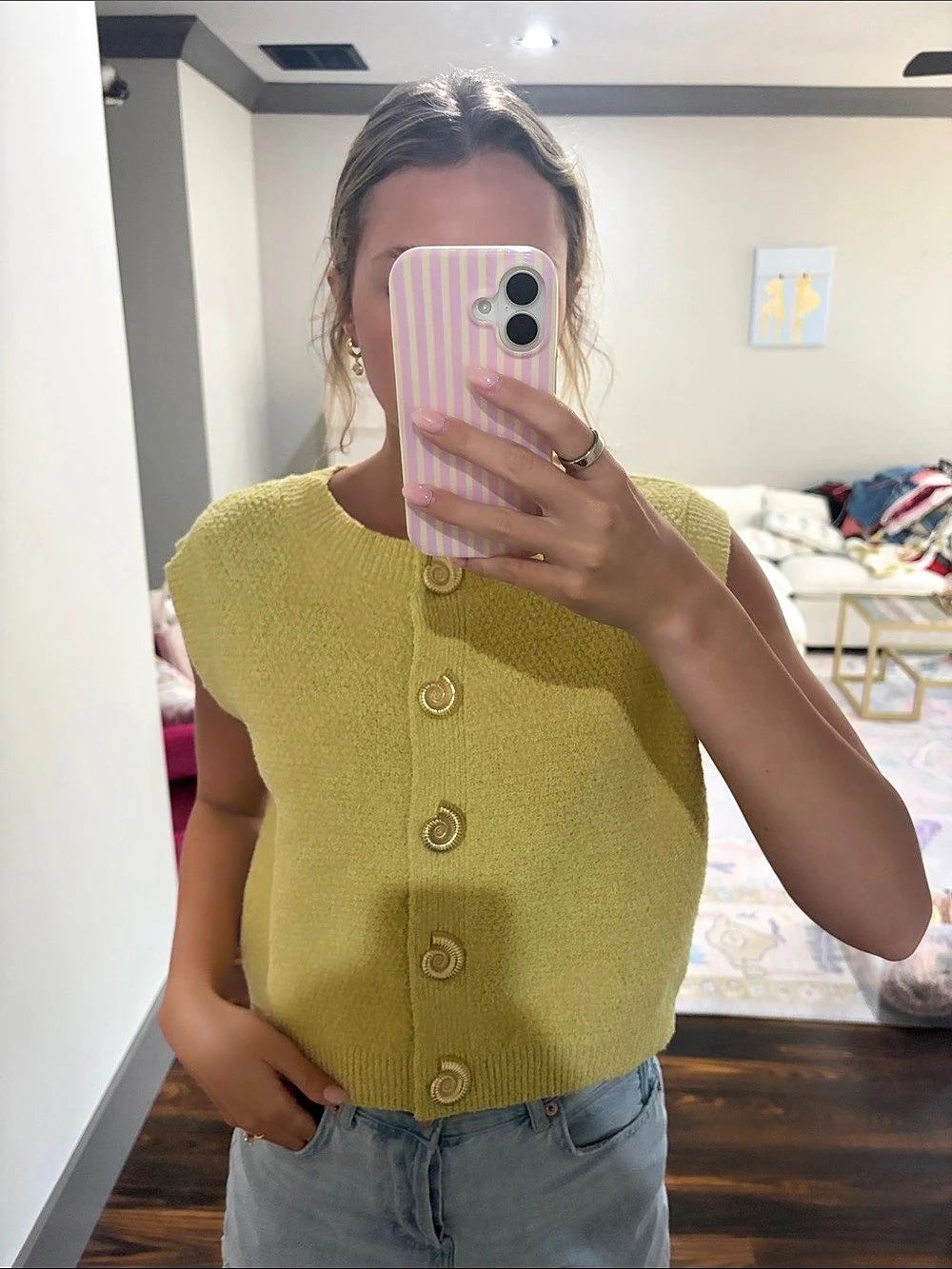 Madewell Conch Shell Vest Top Textured Knit Button Front in Yellow NWT